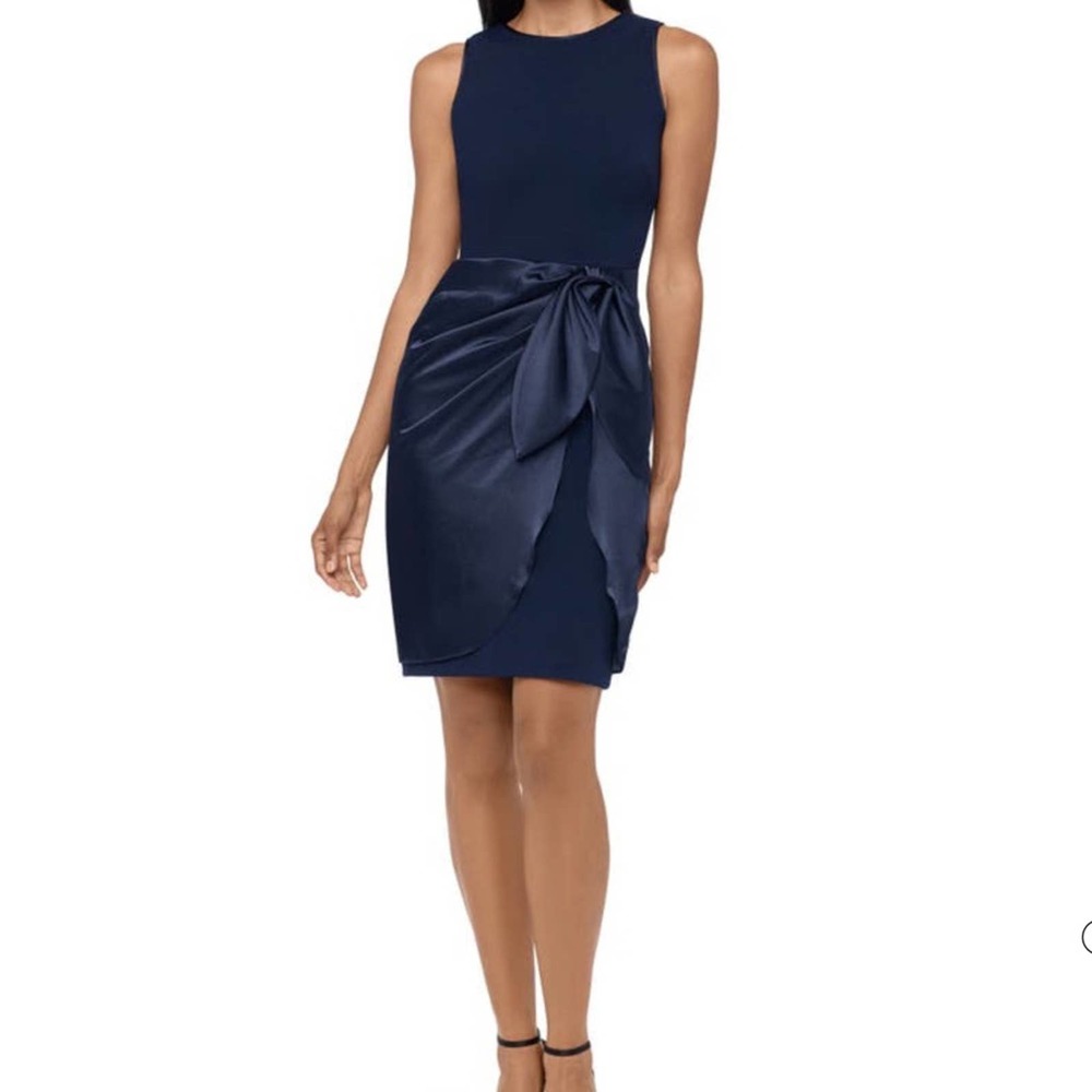 NWT BETSY & ADAM
Satin Sarong Crepe Dress In Navy